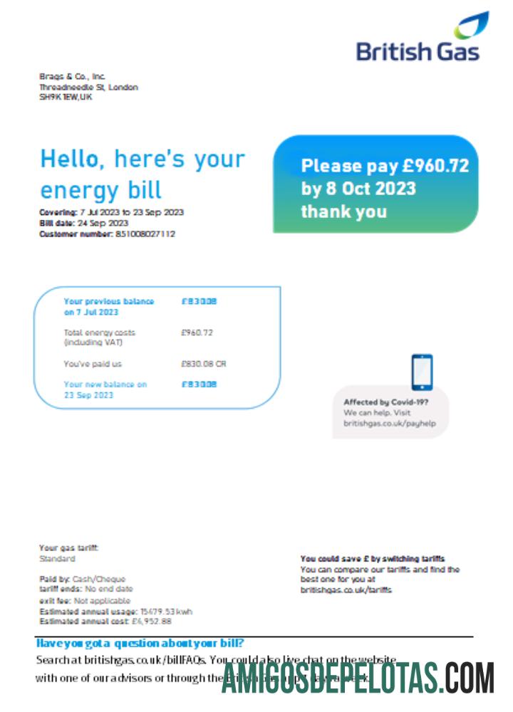 Projeto de lei de serviços públicos de energia de gás britânico SCR Página 1 exemplo real